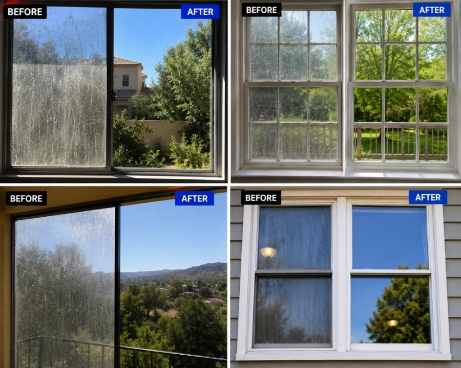 Four-panel before and after window cleaning results San Clemente CA β residential homes