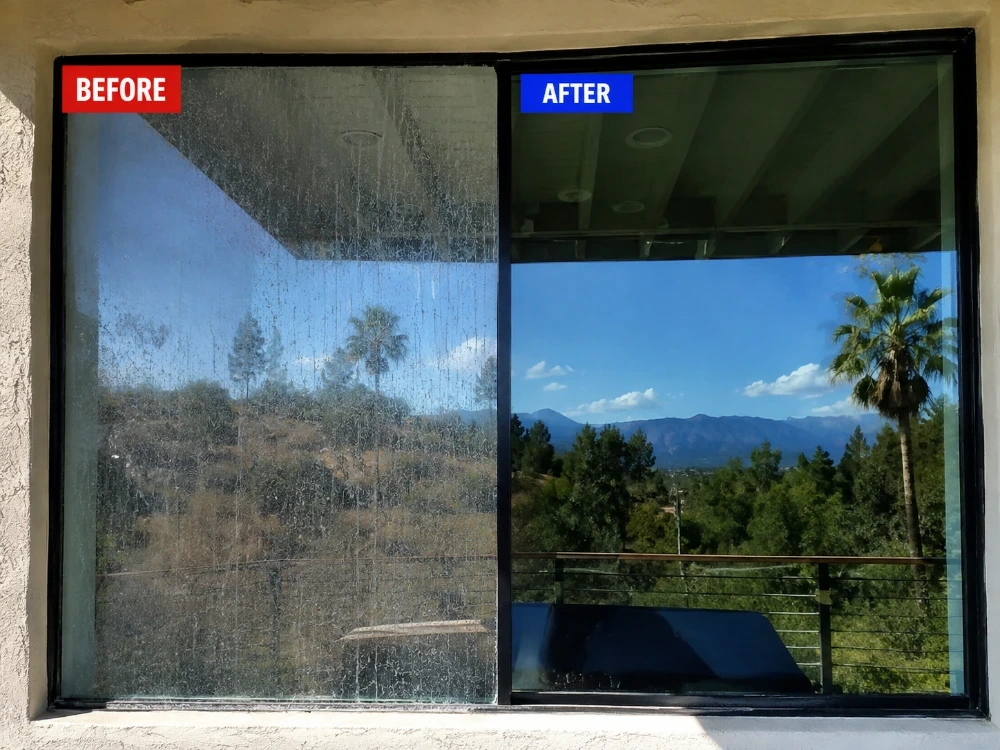 Before and after window cleaning San Clemente CA β salt film removed from coastal home glass